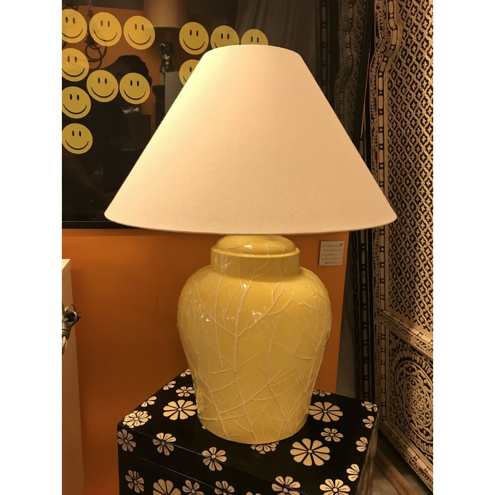 Restored, Large Ceramic Yellow Glazed Ginger Jar Table Lamp, W/ Branch Pattern