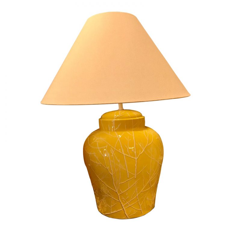 Restored, Large Ceramic Yellow Glazed Ginger Jar Table Lamp, W/ Branch Pattern