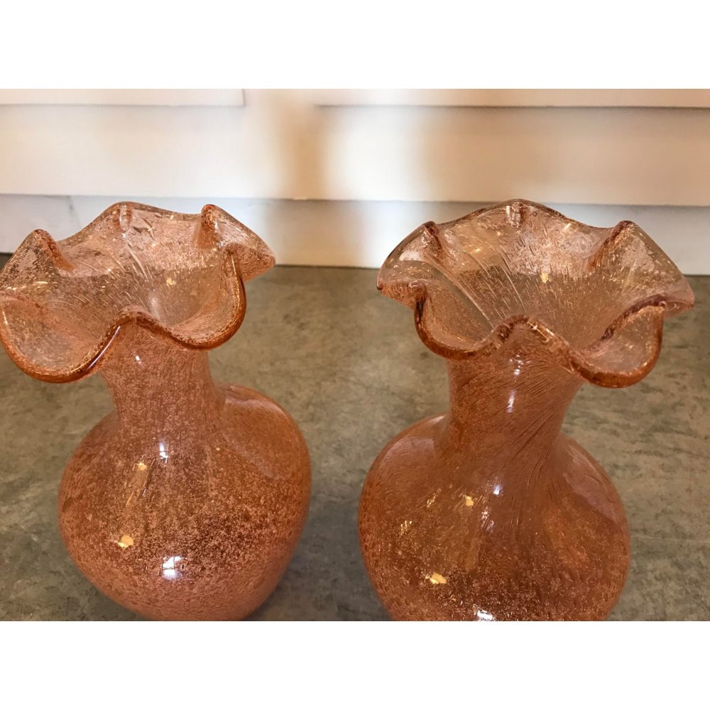 Pair of Handblown Murano Glass Rose-Colored Vases With Bubble Inclusions