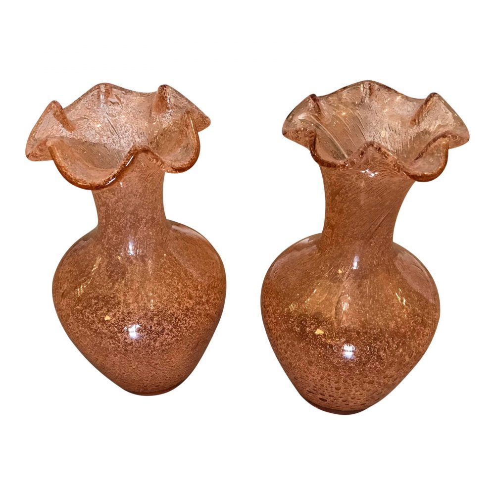 Pair of Handblown Murano Glass Rose-Colored Vases With Bubble Inclusions