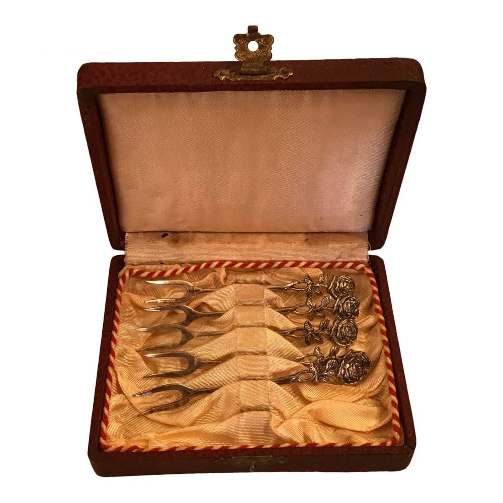 Rose Medallion Cocktail Forks in Original Box, Marked, Set of 5