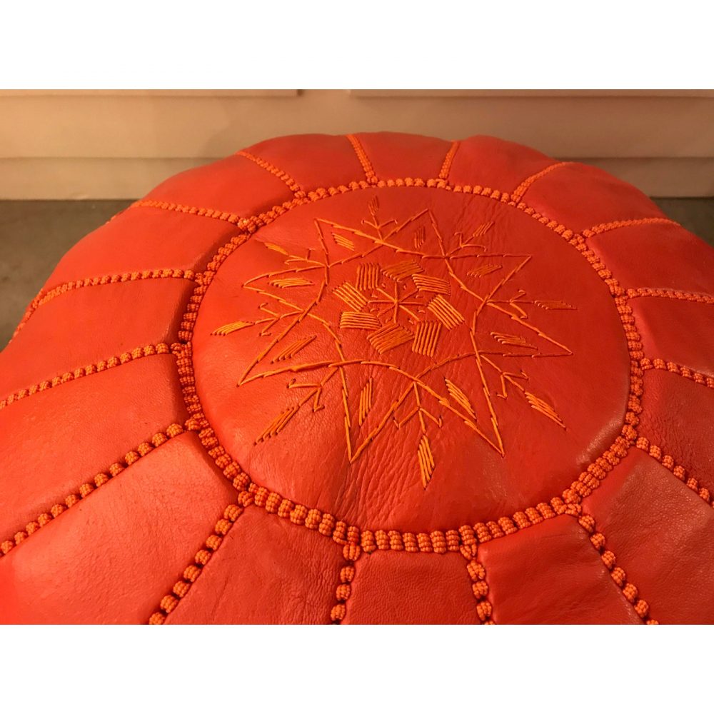 Orange Moroccan Hand - Stitched Leather Custom - Made Pouf
