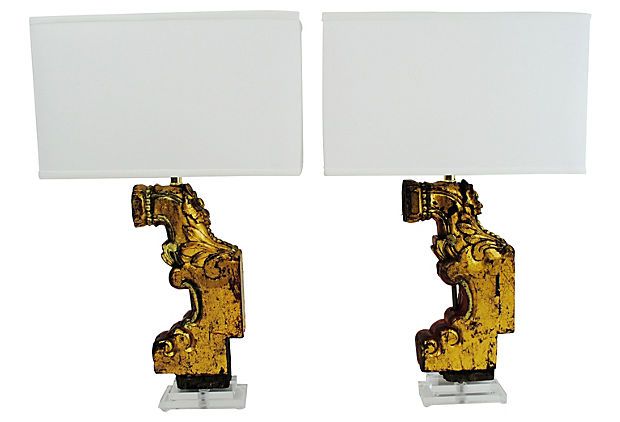 Carved Architectural Lamps, Pair