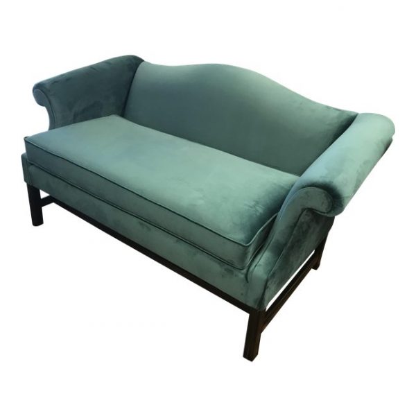 Mid-Century Restored, Chippendale Teal Velvet Camelback Sofa