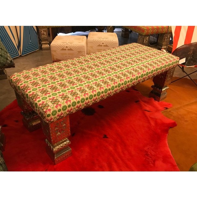 Custom Long Bench With Hand-Chased German Silver Legs and Custom Fabric
