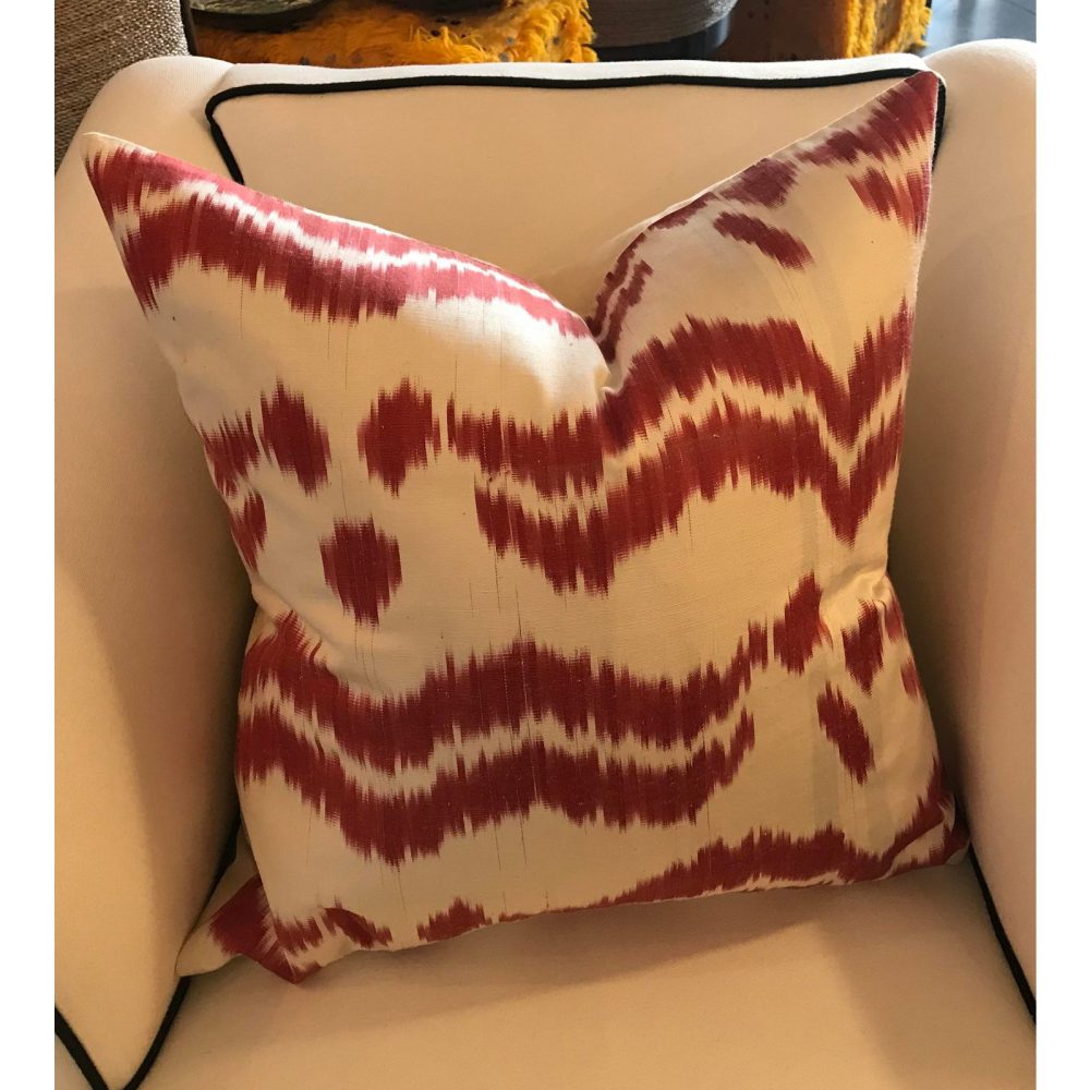Ikat, Hand-Made Silk Pillow in Red/ Off-White, Made in Uzbekistan