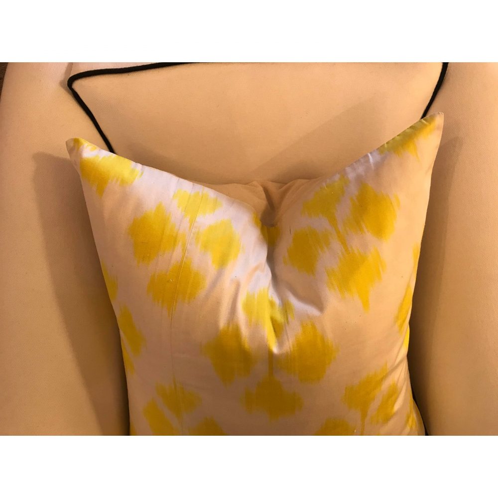 Ikat, Hand-Made Silk Pillow in Lemon Yellow/ White, Made in Uzbekistan