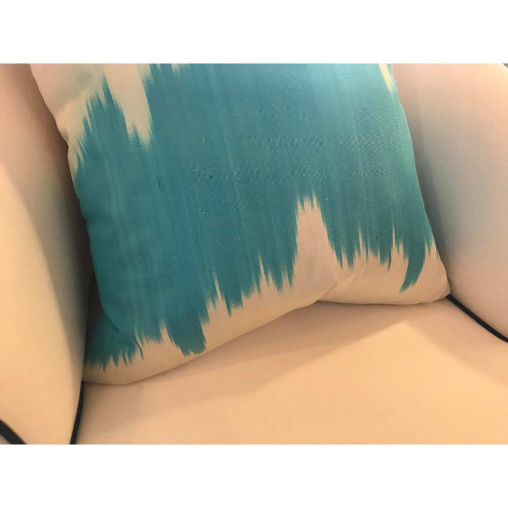 Ikat, Hand-Made Silk Pillow in Turquoise Blue/ Off-White, Made in Uzbekistan
