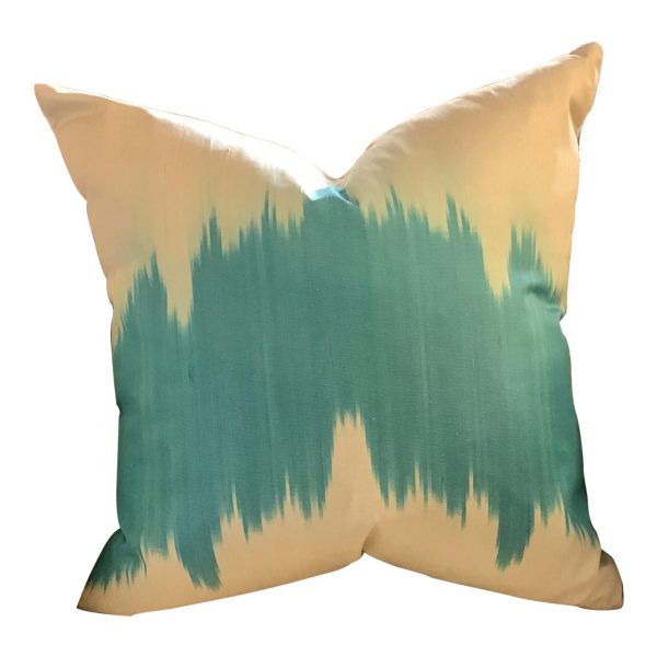 Ikat, Hand-Made Silk Pillow in Turquoise Blue/ Off-White, Made in Uzbekistan