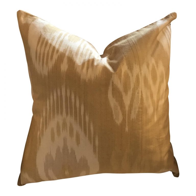 Ikat, Hand-Made Silk Pillow in Golden Mushroom/ Off-White, Made in Uzbekistan