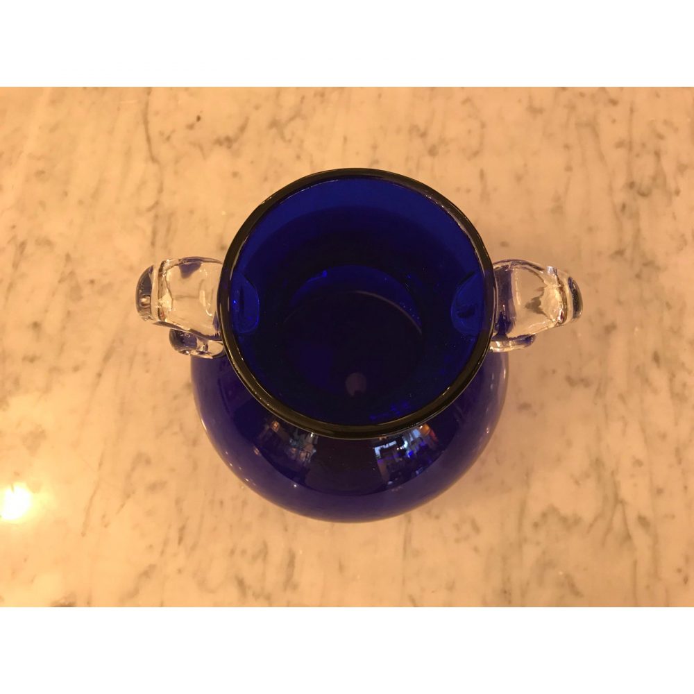 Hand-Blown Cobalt Glass Vase, W/ Clear Scrolled Handles, Poland