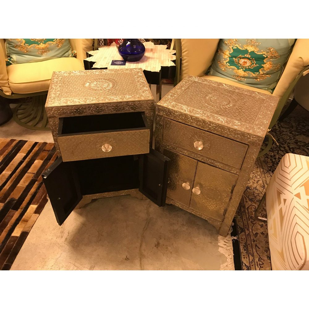 Embossed Metal Covered Nightstands/ End Tables, a Pair - India