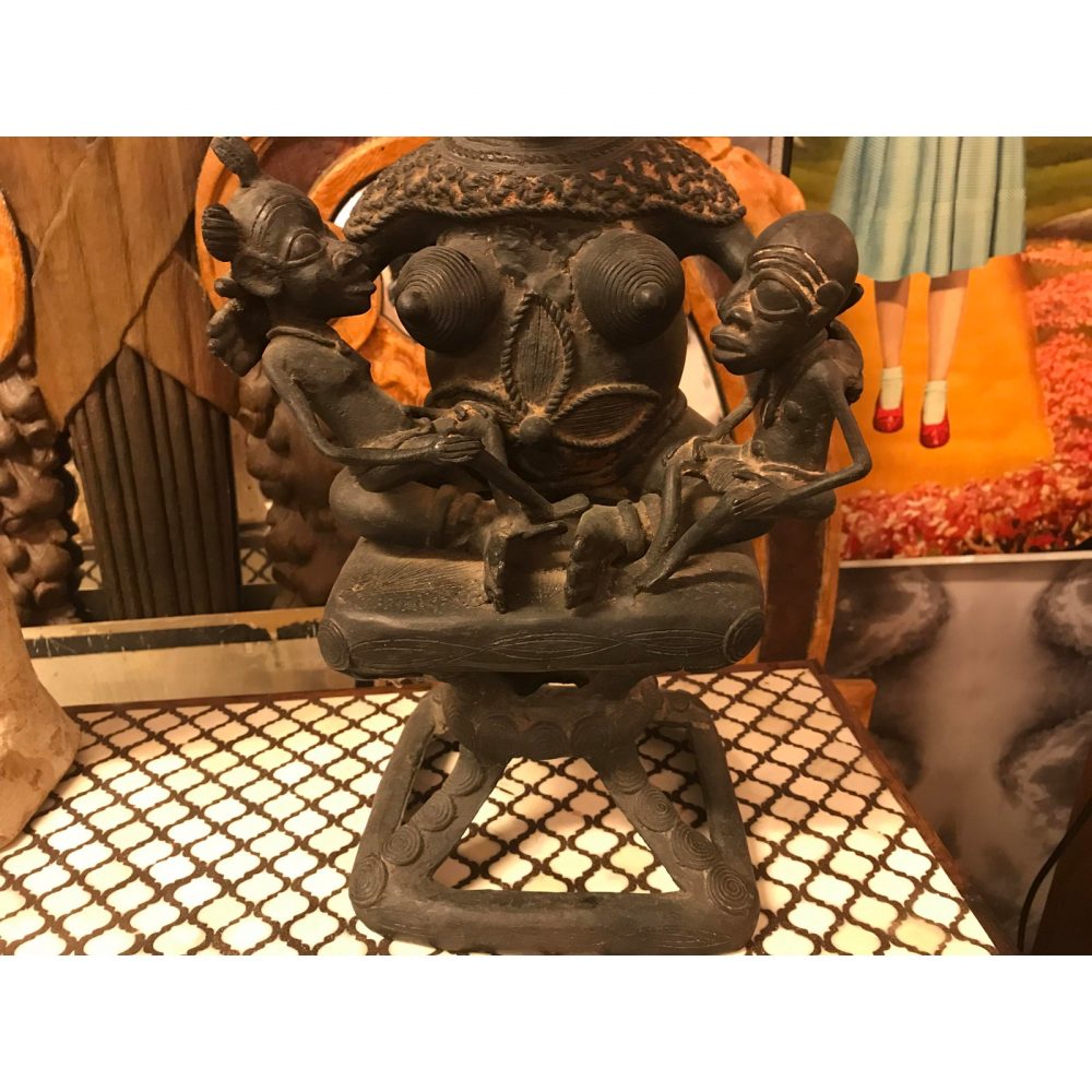 Cast Brass African Maternal Figure on Pedestal, Vintage