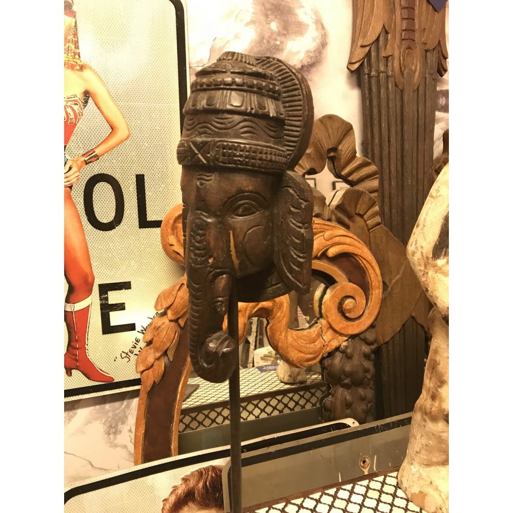 Hand-Carved Wooden Ganesh Head on Stand, Vintage
