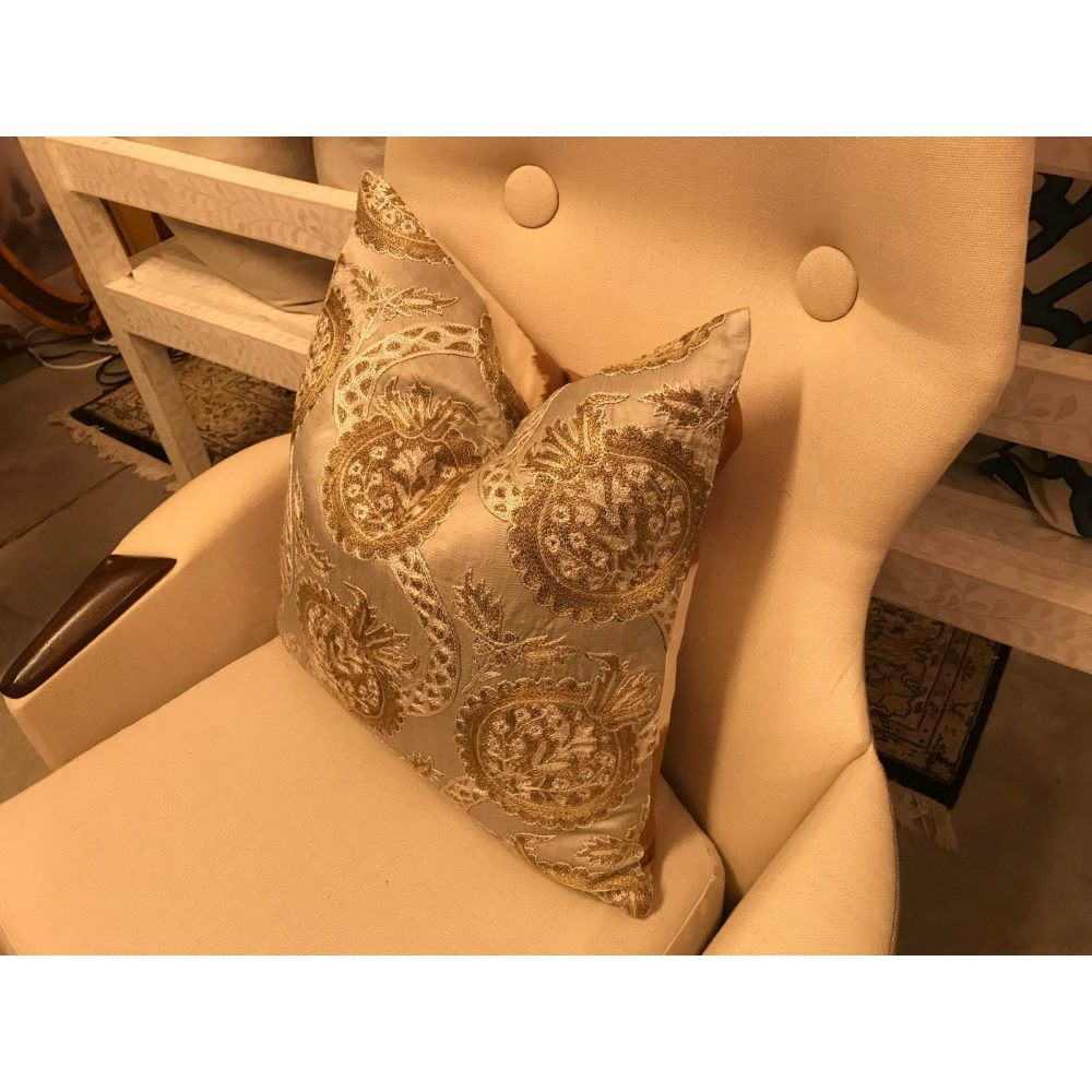 Hand-Stitched, Gold/Off-White/Gray, Silk Suzani Pillow