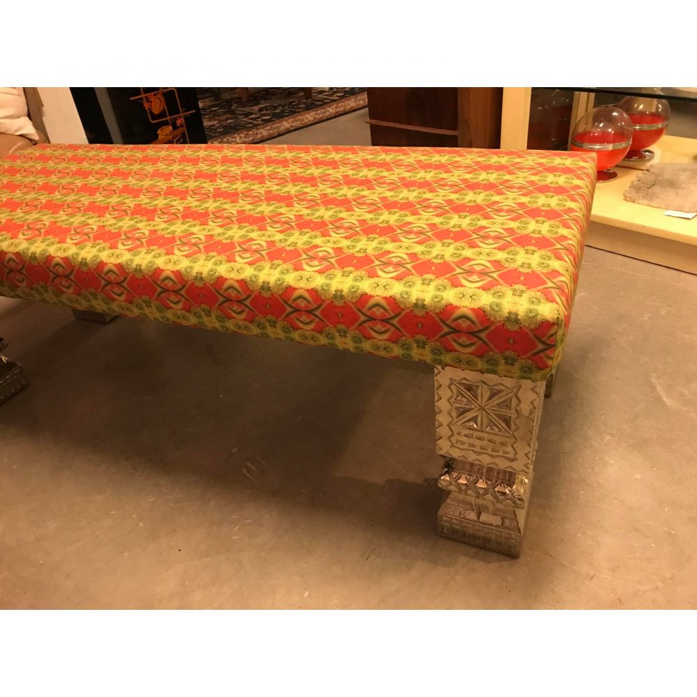 Long Bench With Hand-Chased German Silver Legs and Custom Fabric