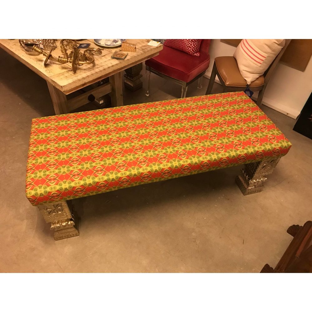 Long Bench With Hand-Chased German Silver Legs and Custom Fabric