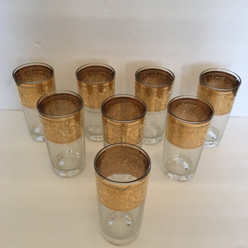 Mid-Century Highball Tumbler Pinstripe Glasses With Decorative Gold Tops - Set of 8