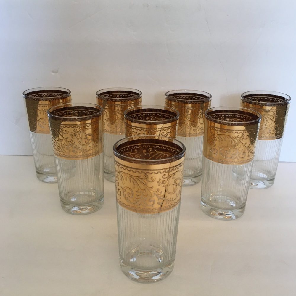 Mid-Century Highball Tumbler Pinstripe Glasses With Decorative Gold Tops - Set of 8
