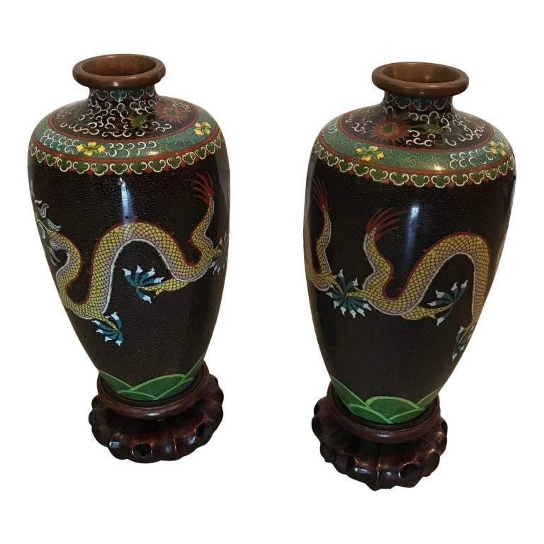 Cloisonne Jars on Wood Stands - a Pair