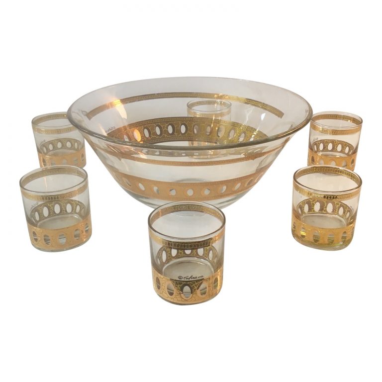 Mid-Century Modern Culver Ltd Glass Ice Bucket/ Punch Bowl With Matching Glasses