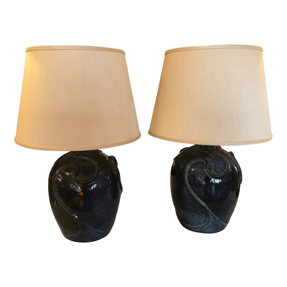 Deep Blue Thrown-Pottery Lamps With Ceramic Finish - a Pair