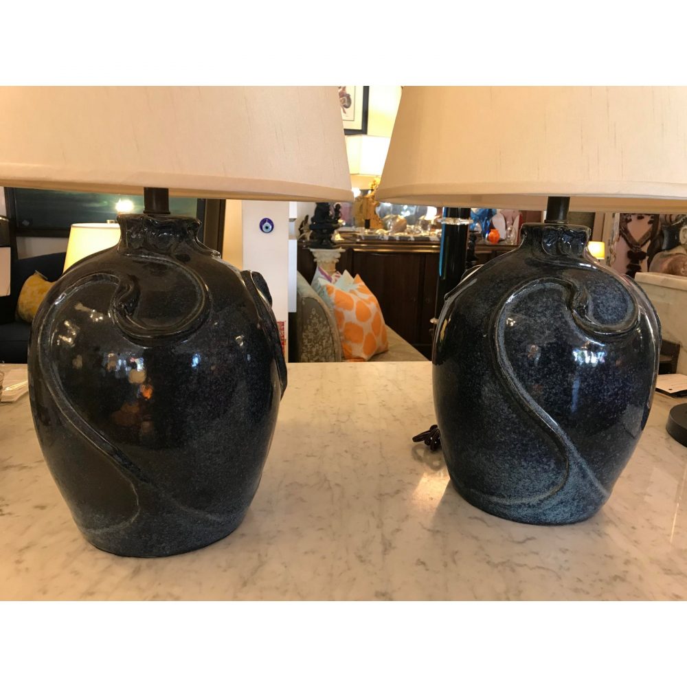 Deep Blue Thrown-Pottery Lamps With Ceramic Finish - a Pair
