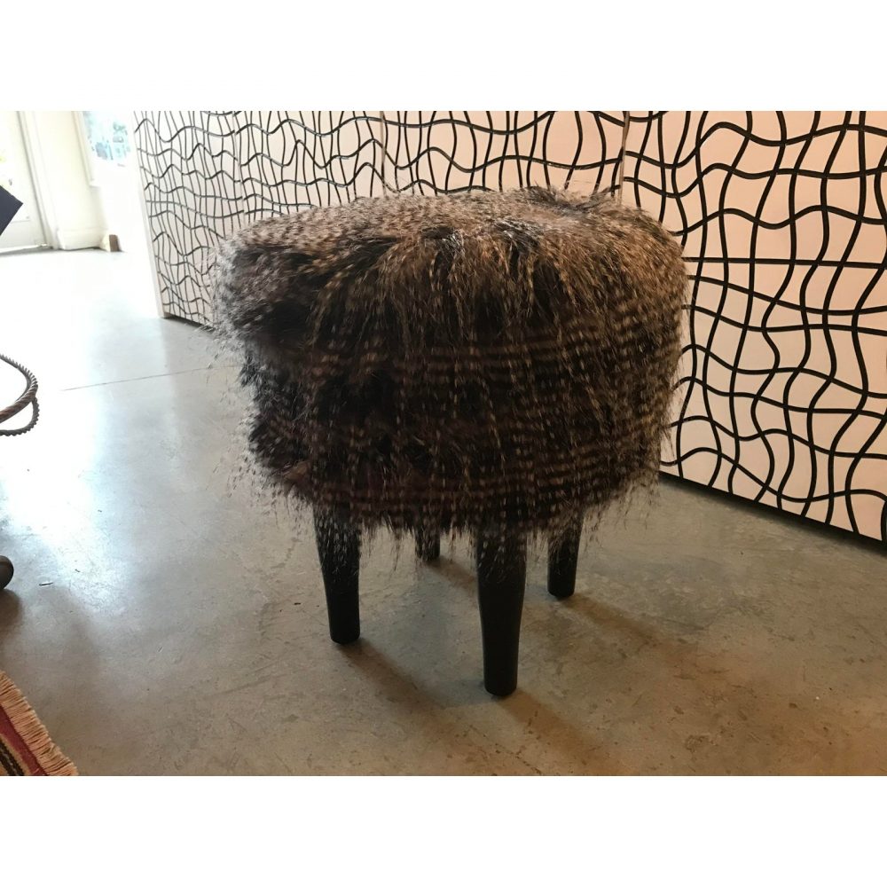 Long Haired Fury Stool on Wood Legs
