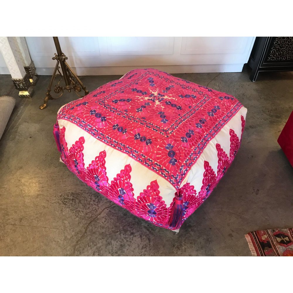 Hot Pink and Blue Moroccan Hand-Stitched Large Square Pouf Ottoman