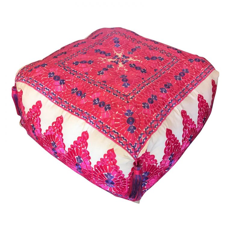 Hot Pink and Blue Moroccan Hand-Stitched Large Square Pouf Ottoman