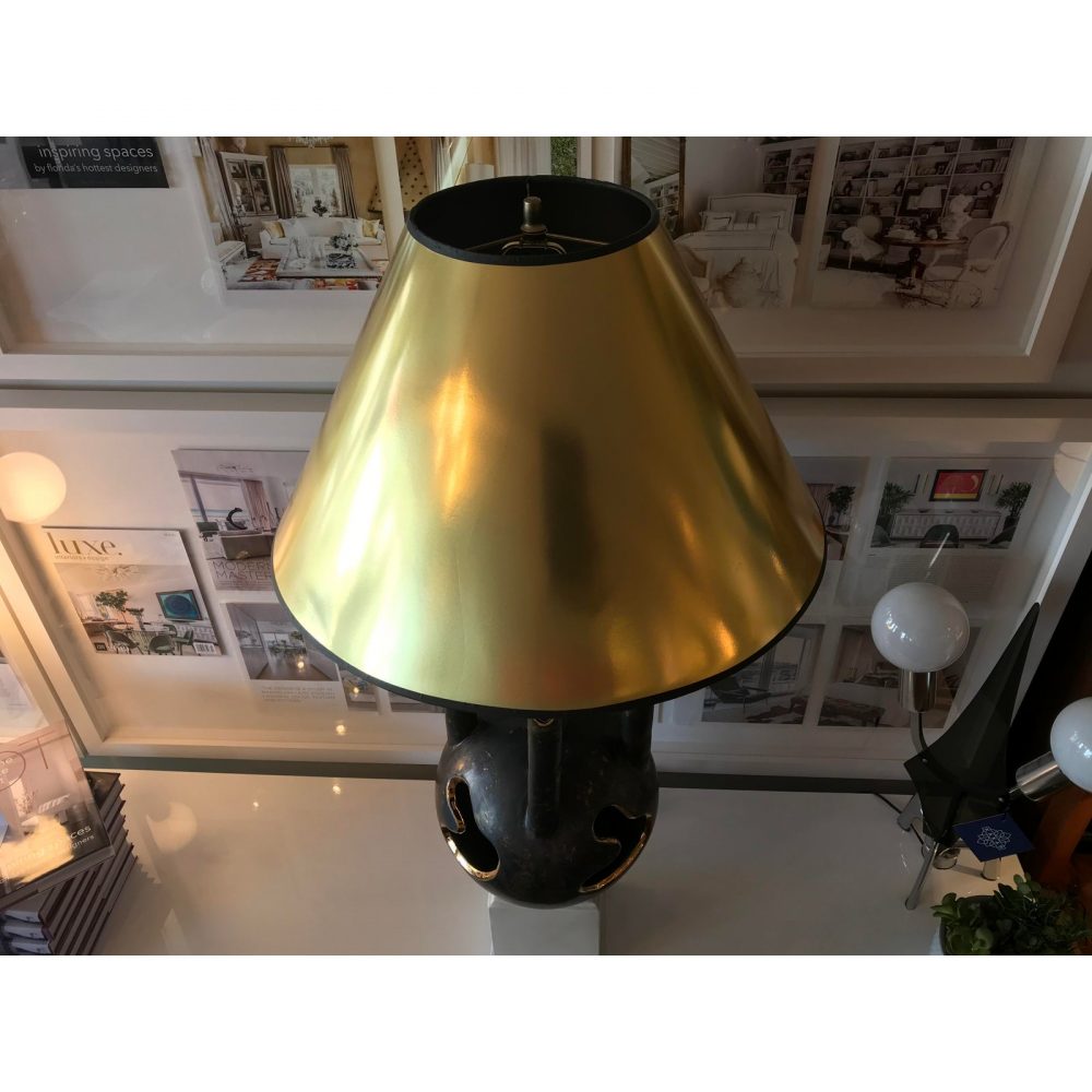 Mid-Century Brutalist Dark Brown and Gold Ceramic Lamp