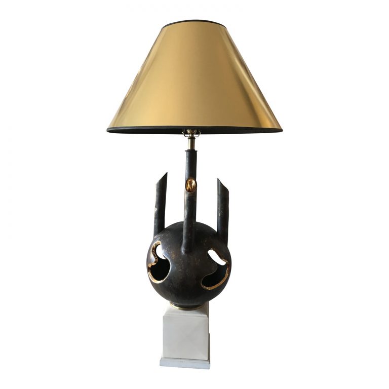 Mid-Century Brutalist Dark Brown and Gold Ceramic Lamp