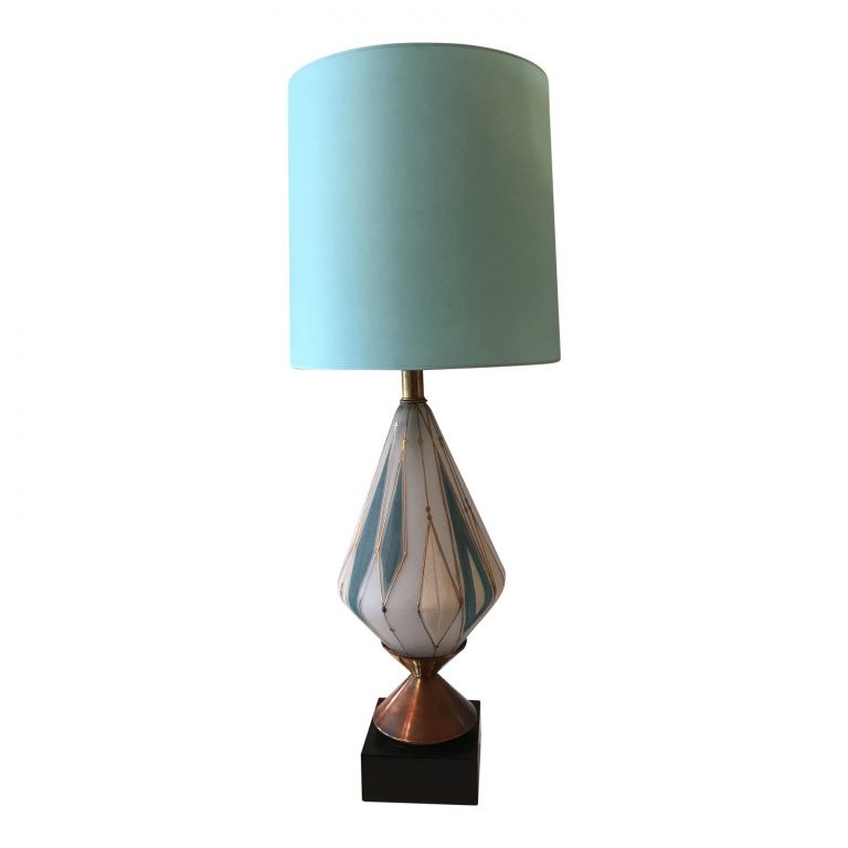 Mid - Century Harlequin Blue and White Glass Table Lamp