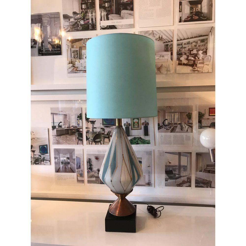 Mid - Century Harlequin Blue and White Glass Table Lamp