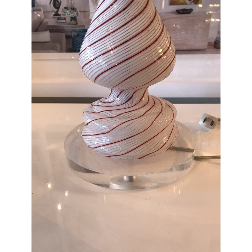 1950s Dino Martens Red and White Striped Handblown Murano Glass Lamp