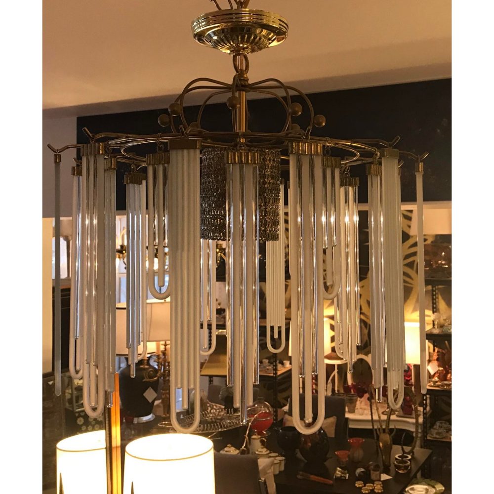 Brass Chandelier With Vintage Italian Glass Pendants