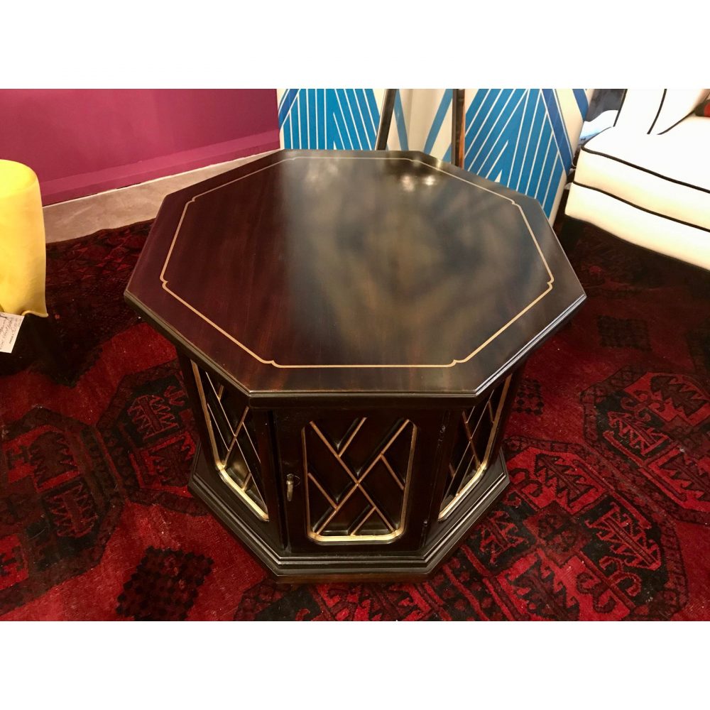 1960s Ebonized and Gold - Trimmed Wood Octagonal Side Table/ Cabinet