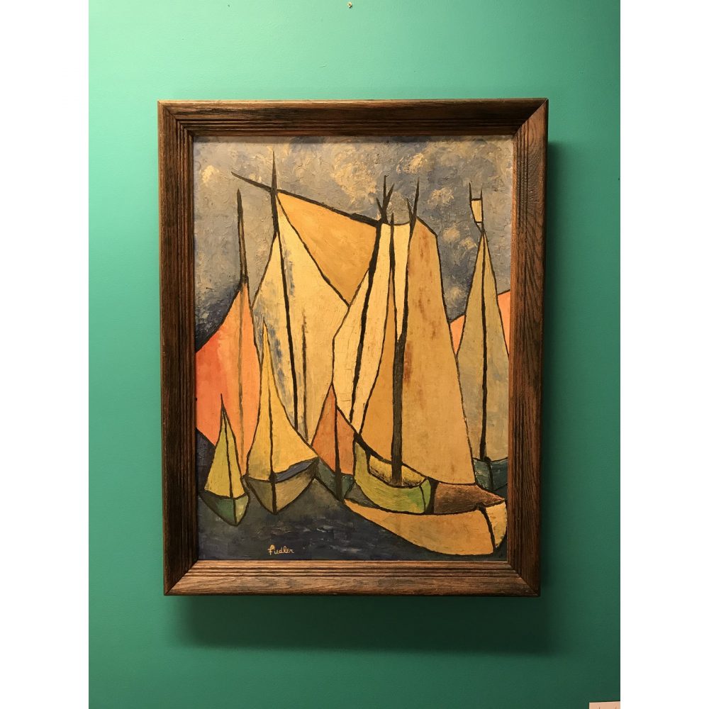 Very well executed mid-century oil painting of sailboats. It's signed by the artist Fiedler and mounted in a wood frame. It has a soothing appeal to it and conjures up thoughts of life on the sea. Dimensions: 21ʺW × 2ʺD × 27ʺH Condition: Good Condition, Original Condition Unaltered, Some Imperfections Condition Note:Excellent Styles: Boho Chic, Mid-Century Modern, Nautical Materials: Canvas, Paint, Wood
