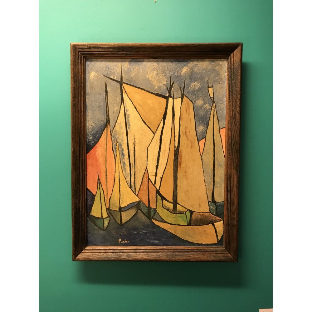 Very well executed mid-century oil painting of sailboats. It's signed by the artist Fiedler and mounted in a wood frame. It has a soothing appeal to it and conjures up thoughts of life on the sea. Dimensions: 21ʺW × 2ʺD × 27ʺH Condition: Good Condition, Original Condition Unaltered, Some Imperfections Condition Note:Excellent Styles: Boho Chic, Mid-Century Modern, Nautical Materials: Canvas, Paint, Wood