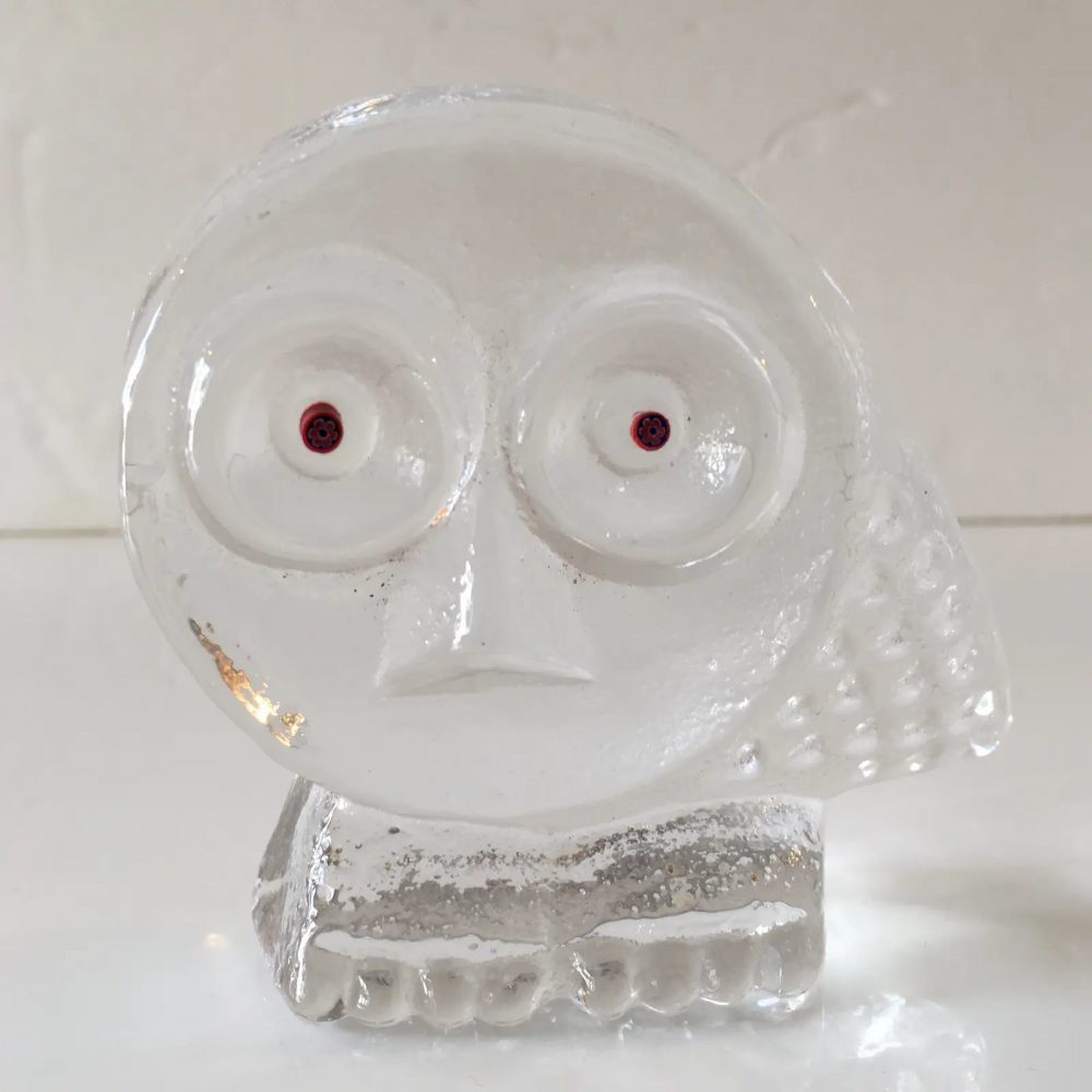 Hand - Blown Glass Owl Sculpture With Red Eyes
