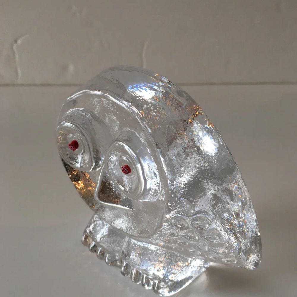 Hand - Blown Glass Owl Sculpture With Red Eyes