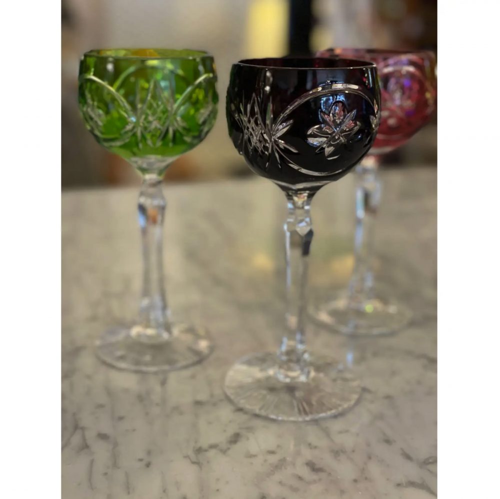 Early 20th Century Bohemian Cut - to - Clear Colorful Crystal Stemmed Glasses, Set of 5