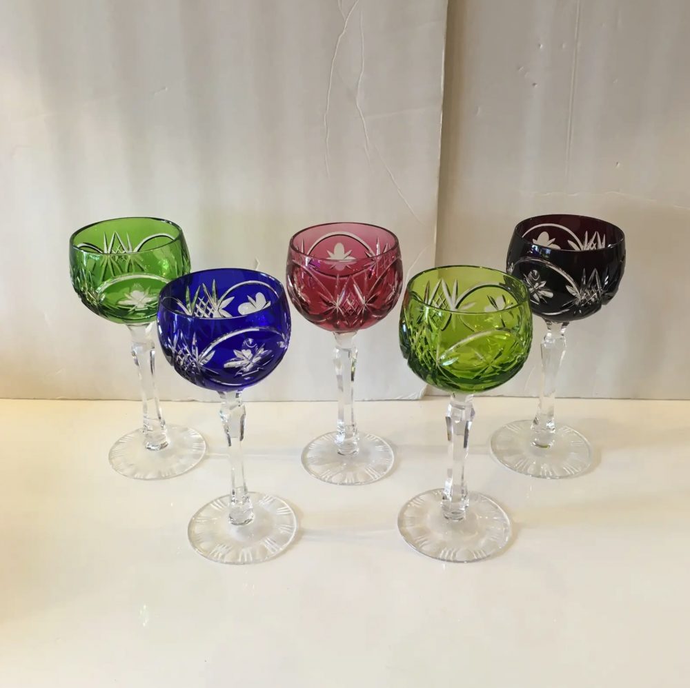 Early 20th Century Bohemian Cut - to - Clear Colorful Crystal Stemmed Glasses, Set of 5