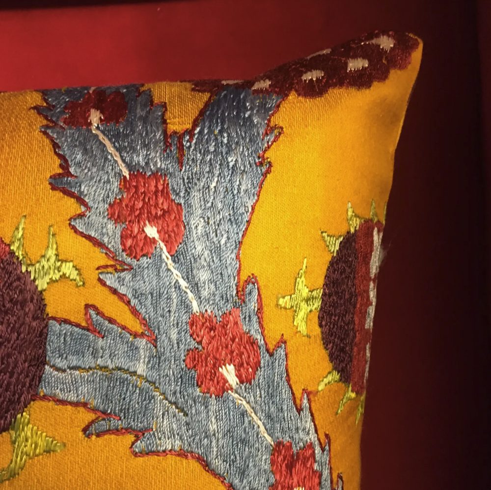 Silk Suzani Textile and Ikat Hand - Made Pillow