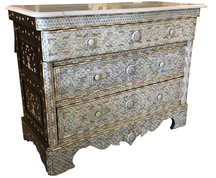 Marble - Top Mother of Pearl Inlay Chest of Drawers/ Console