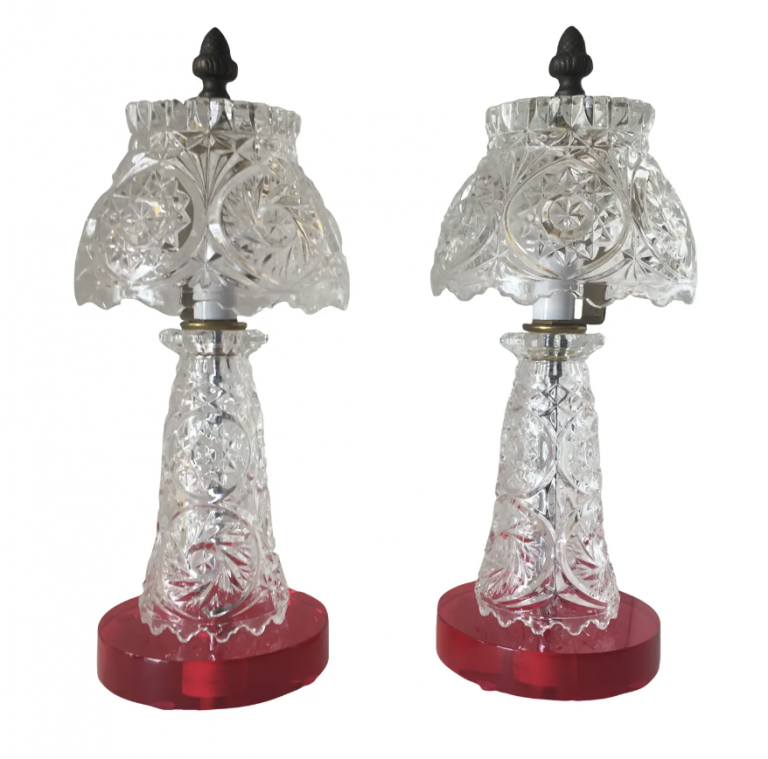Vintage Patterned Crystal and Red Lucite Lamps - a Pair
