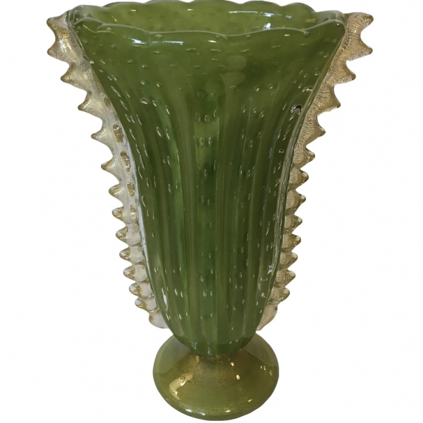 Murano Green and Gold Hand - Blown Tall Vase/ Vessel